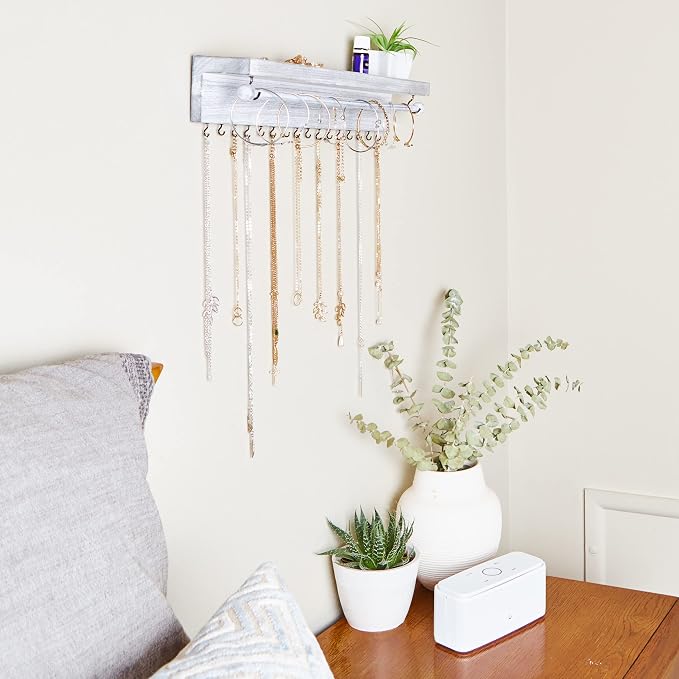 Rustic White Necklace Jewelry Organizer - Wall Mount Jewelry Holder - Mounted Hanging Jewelry Storage Hooks for Necklace, Earrings, and Rings - Farmhouse Wood Decor Bedroom Boho Shelf Rack
