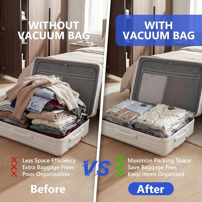 Vacuum Seal Bags for Clothing Travel with Rechargeable Air Pump, Carry-on Size Vacuum Bags for Travel, Space Saver for Clothes 12 Combo Size