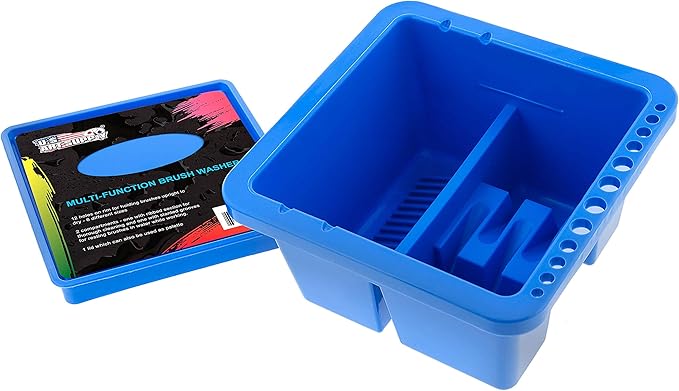 U.S. Art Supply 12-Hole Multi-Function Plastic Paint Brush Cleaner & Paint Brush Holder with Palette Lid, Washer for Acrylic, Watercolor, Oil Paints, Cleans Artist Brushes