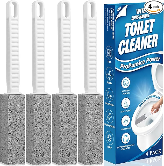 4 Pack Pumice Stone Toilet Bowl Cleaner with Long Handle | Powerfully Removes Toilet Bowl Rings, Rust & Lime, Ideal for Toilet Brush, BBQ Grills, Sink, Pool, Bathroom
