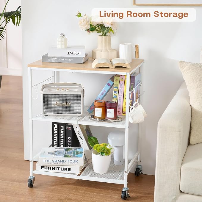 Rolling Kitchen Microwave Cart, 3 Tier Microwave Stand with Storage, Small Kitchen Island on Wheels, Wood and Mental Kitchen Shelf Rack, White Organizer for Living Room, Office, Balcony