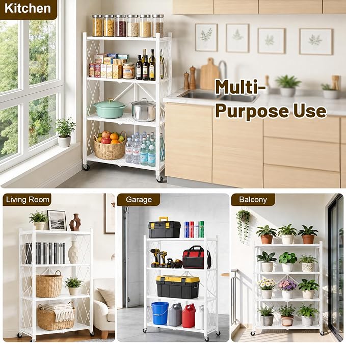 4 Tier Foldable Storage Shelves on Wheels, Heavy Duty Metal Shelving Unit, No Assembly Required for Kitchen, Garage, Pantry, Basement, Bookshelf, White