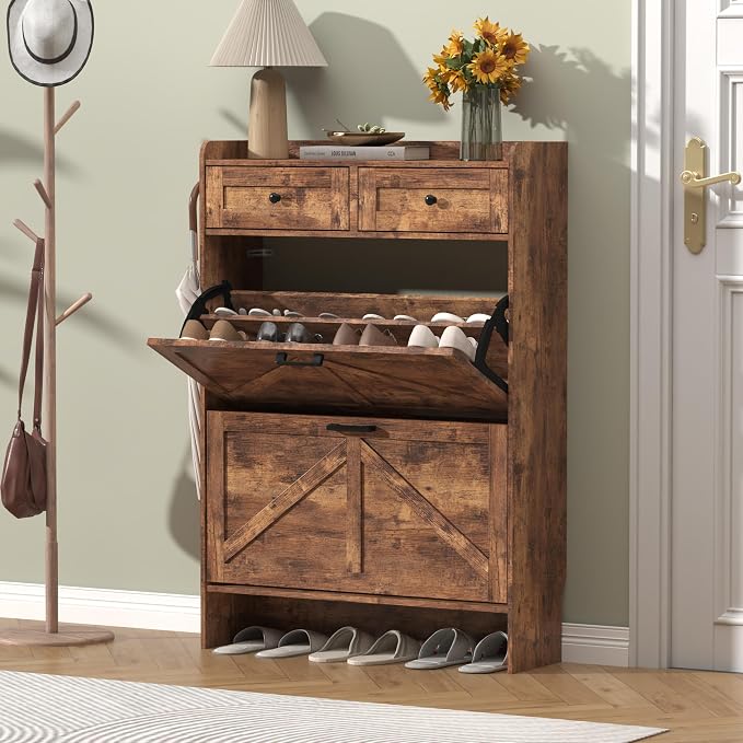Thacuok Shoe Cabinet with 2 Flip Drawers & 2 Storage Drawers, Rustic Farmhouse Narrow Shoe Organizer Cabinet, Slim Shoe Rack Cabinet, Shoe Storage Cabinet for Entryway, Hallway