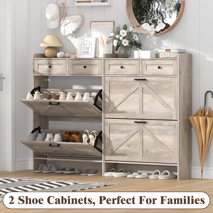 Thacuok Shoe Cabinet with 2 Flip Drawers & 2 Storage Drawers, Rustic Farmhouse Narrow Shoe Organizer Cabinet, Slim Shoe Rack Cabinet, Shoe Storage Cabinet for Entryway, Hallway
