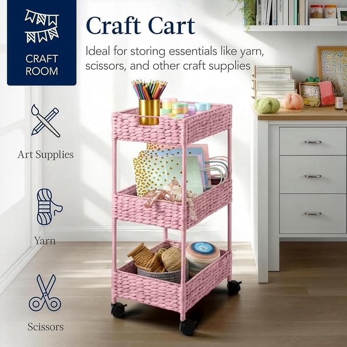 Best Choice Products 3-Tier Water Hyacinth Rolling Nursery Caddy w/Wheels, Utility Cart, Storage Organization for Bathroom, Craft Room, Laundry Room - Pink