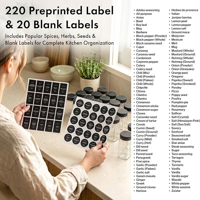 EDELHAUS Glass Spice Jars with Label, 24x Black Bamboo Wooden Lids | Airtight Lids keep spices fresh, Kitchen Spice Drawer Organizer, 4oz Seasoning Containers incl. Funnel, Brush & 240 Labels