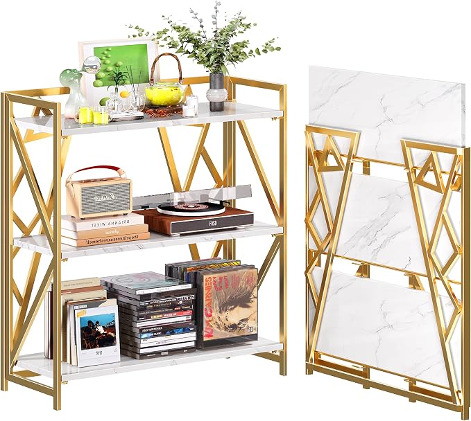 UDD No Assembly Wide Folding Bookshelf, 34" H x 30.9" W, 3 Tier Foldable Book Shelf Industrial Bookcase, Vintage Collapsible Storage Shelves for Home Office Living Room Bedroom, White Gold