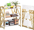 UDD No Assembly Wide Folding Bookshelf, 34" H x 30.9" W, 3 Tier Foldable Book Shelf Industrial Bookcase, Vintage Collapsible Storage Shelves for Home Office Living Room Bedroom, White Gold