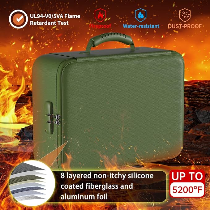 DocSafe 5200°F Fireproof Document Organizer Box with Lock, Green (Soft) | Heat Insulated 8 Layers File Protection Bag,Water-Resistant Zipper,Portable Home Office Travel Safe Storage for Files,Laptop