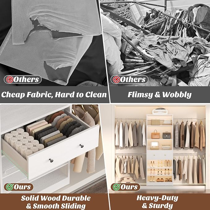Armocity Wood Closet Organizer System with Sensing Light - 4FT-9FT Expandable Wardrobe Closet with Drawer & 4 Hanging Rods, Heavy Duty Walk-in Closet 1000Lbs for Bedroom Walk-in Closet, White