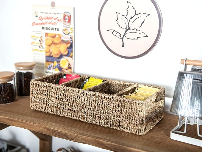 StorageWorks Small Wicker Basket for Organizing with 4-Section, Natural Seagrass Storage Baskets with Dividers for Pantry Shelves, 2-Pack