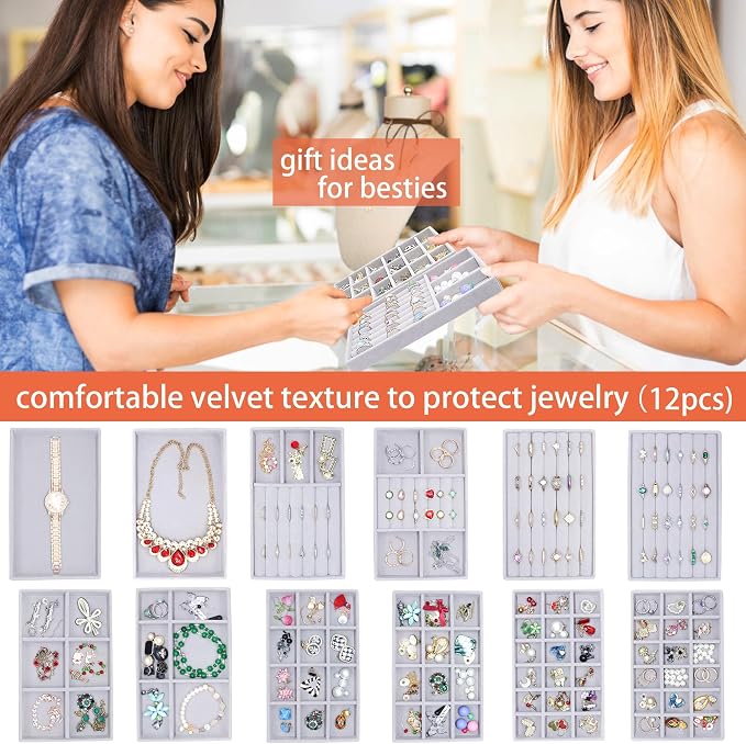 12 Set Jewelry Tray Velvet Jewelry Drawer Organizer Necklace Bracelet Display Tray for Earring, Ring, Brooch, Watch