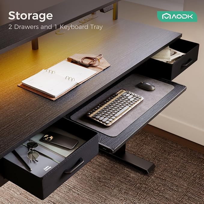 AODK 55 Inch Electric Standing Desk with Drawers & Keyboard Tray, Black | 3 Outlets & 2 USB Ports, 20-Mode LED Lights, Monitor Stand, Cable Management Tray, 3 Memory Heights, 29.9"-46.1" in Range