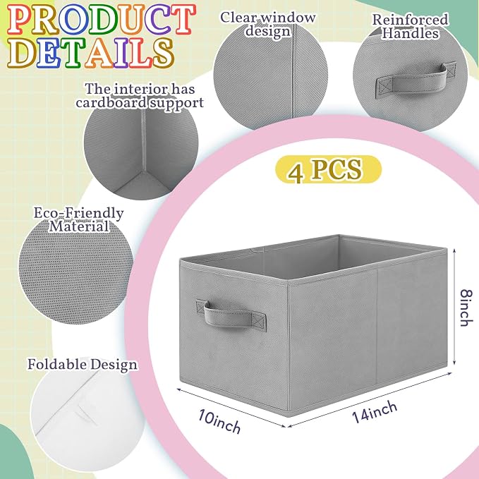 Yinder 4 Pcs Cube Storage Bin Gray 14''x10''x8'' Storage Bins for Playroom Decor Colorful Bins for Kids Foldable Baskets for Nursery Organizer Boxes Fabric Boxes