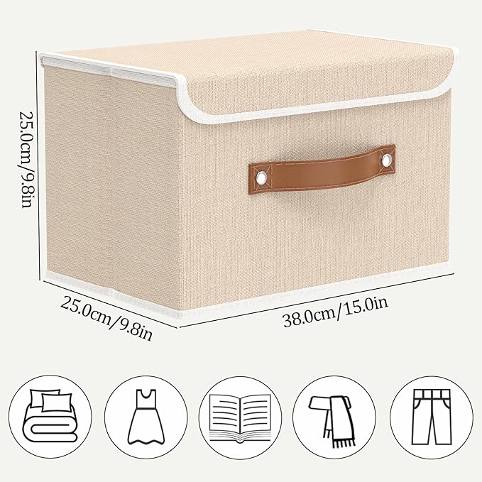 OUTBROS Collapsible Storage Cubes with Lid, Linen Fabric Wardrobe Baskets, Large Box For Towels, Clothes, 15 x 9.8 x 9.8 inch, Beige, 3-Pack