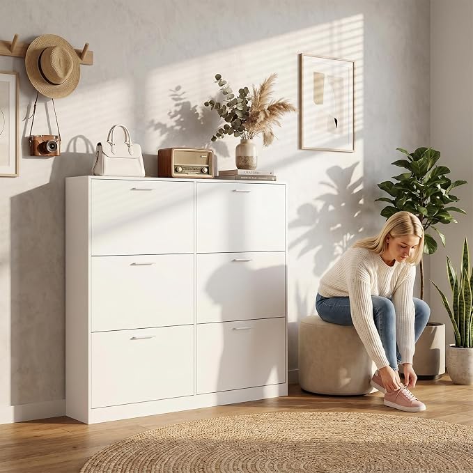 Shoe Cabinet with 6 Flip Drawers, Narrow Freestanding Shoe Organizer, Hidden Slim Shoe Storage Cabinet for Entryway, Hallway, Living Room, White