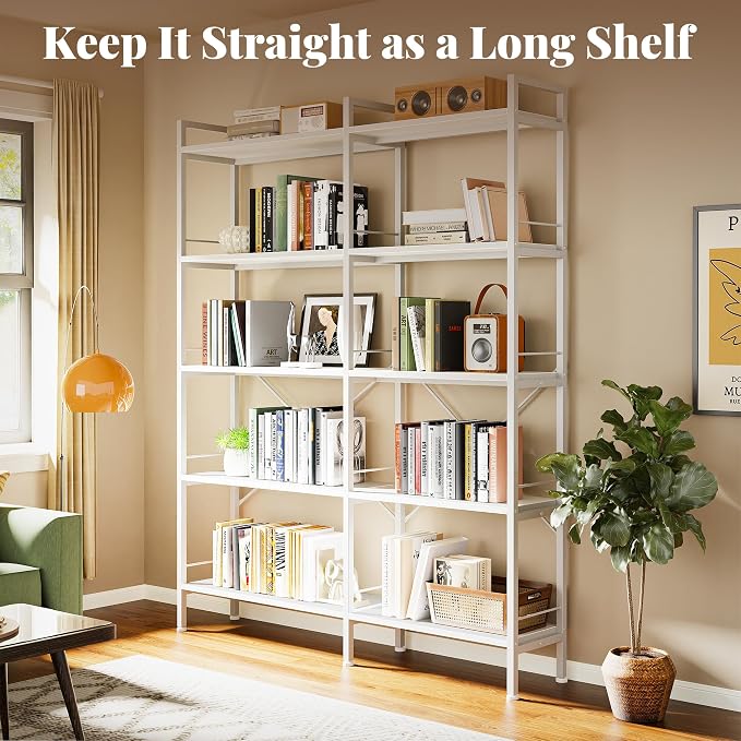 Huuger 5 Tier Bookshelf, L Shaped Corner Bookshelf with 10 Open Shelves, 49.4 Inch Straight Wide Bookcase with Metal Frame and Wooden Board, Adjustable Feet, White