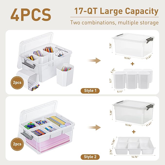 Citylife 17 QT Plastic Storage Box with Removable Tray and 6 Detachable Tall Inserts Craft Organizers and Storage Clear Storage Container for Organizing Crayon, Craft, Sewing, Playdoh, 4 Packs