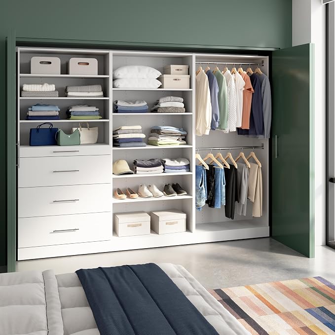 Bestar 107W x 16D Modular Closet Organizer System, Walk-in Closet with Rods, Shelves, and Drawers, Slab Style, Florence Collection, White