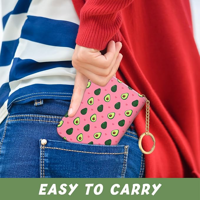 Aiawoxc Credit Card Holder, Small RFID Wallet Slim Leather Card Organizer Case with Zipper and Keychain, Avocados