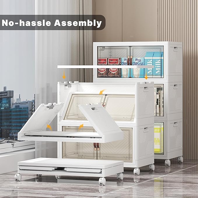 UAMFURI Stackable Storage Bins with Lids, Closet Organizers and Storage with Doors and Wheels, Extra Large Storage Cabinet for Bedroom Office Garage (White-55qt, 3Pack with 1 top lid)