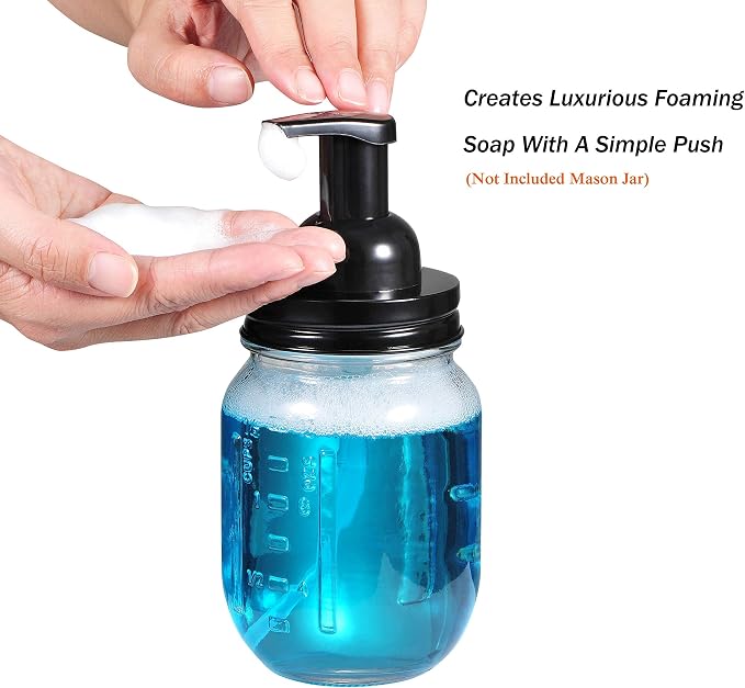Amolliar Mason Jar Foaming Soap Dispenser Pump Lids, Foaming Pump Replacement Kit for Pint Regular Mouth Mason Jar, Refill Hand Soap, Waterproof Stickers, Kitchen Bathroom Farmhouse Decor, Black 6Pack