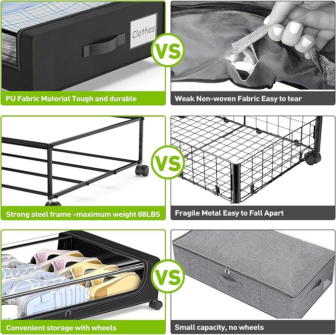 APSARAS USA Under Bed Storage with Wheels, Underbed Storage with Wheels and Clear Window, Rolling Drawers & Bins for Shoes Clothes in Dorm Bedroom, Easy Pull-out Black 2-Pack- Space-Saving