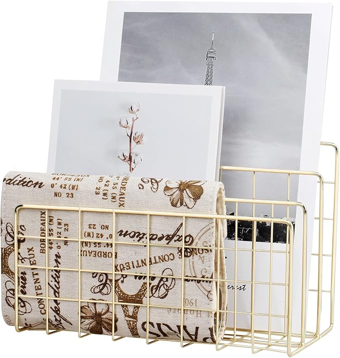 Desktop Mail Organizer File Organizer for Letters 3 Slot, Gold | Metal Wire Mail Sorter Letter Organizer Magazine Rack for Mails, Books, Postcards, Brochures, Mail Holder