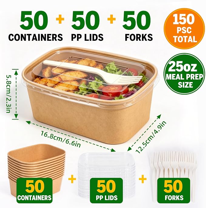50-Pack 25 oz Disposable Meal Prep Containers with Lids and Forks, Compostable Kraft Paper Bowls To Go, Microwave & Freezer Safe Food Containers for Hot Soup, Cold Dessert, Takeout