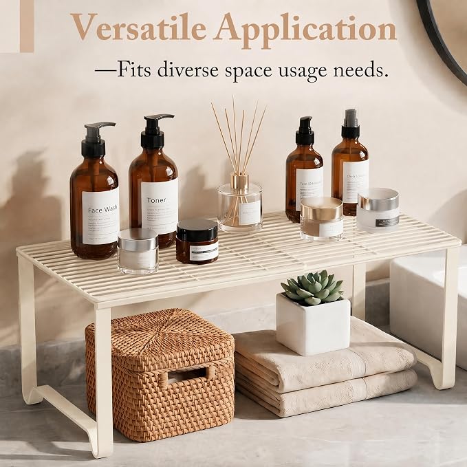Extendable Metal Wire Shelf Organizer - Adjustable 15-24.4in Length, Stackable Storage Rack for Kitchen/Pantry/Bathroom/Shoe Cabinet/Tool Closet (2, Cream)