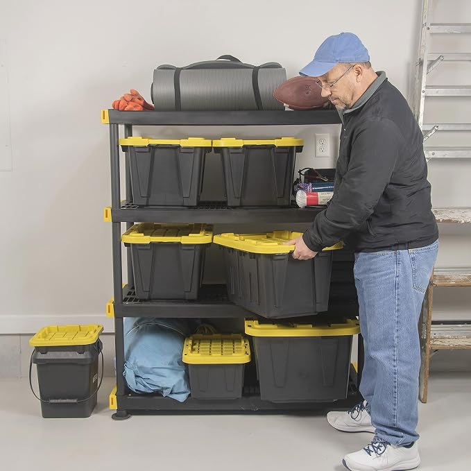 CX BLACK & YELLOW 12-Gallon Heavy Duty Storage Bins with Lids, Stackable Plastic Storage Bins, Dorm Room Essentials, Back to School, Classroom Organization, Home Organization, 4 Pack (12.51H x 16.3W x 21.8D)