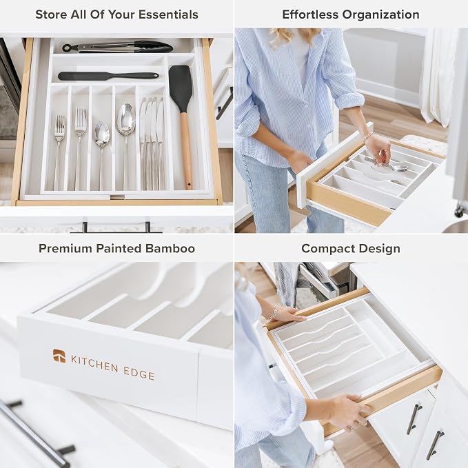 KitchenEdge Premium Silverware, Flatware and Utensil Organizer for Kitchen Drawers, Food-Safe Contract Grade, Expandable from 14.5 to 25 In, White Bamboo