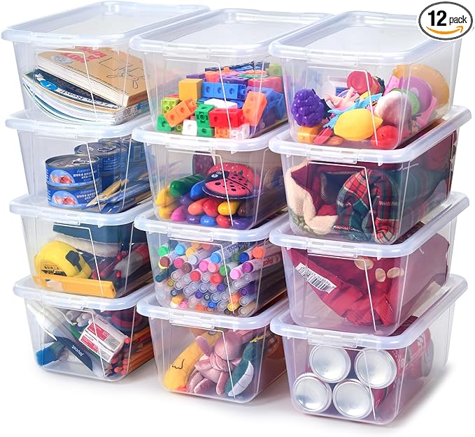 GAMENOTE 6 Quart Storage Bins with Lids, Plastic Latching Box for Classroom & Kids Toy Storage,Stackable Shoe Box Size Containers for STEM Morning Tubs, Crafts & Building Blocks (12, Clear)