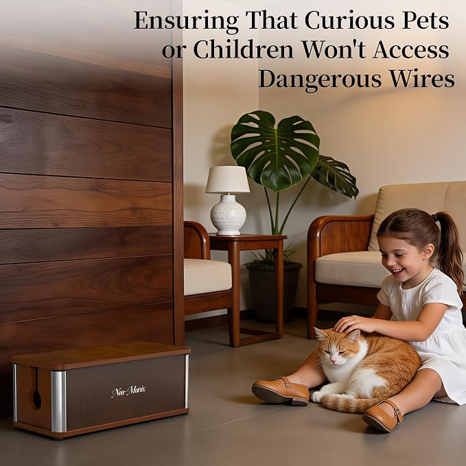 Delamu Wooden Cable Management Box, Retro-Inspired Cord Organizer Box for Home Office, Large Cord Hider Box Hides Floor Cord and Power Strips, Floor Cord Covers, 14.3" x 6.0" x 5.5", Dark Brown