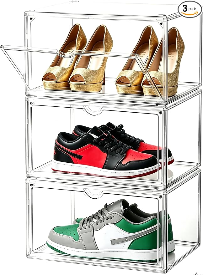Clear Shoe Organizer,Stackable Shoe Display Case,Shoe Box Storage Bins with Magnetic Door,Fit Shoe Size Up to US 14 (X-Large-3Pack)
