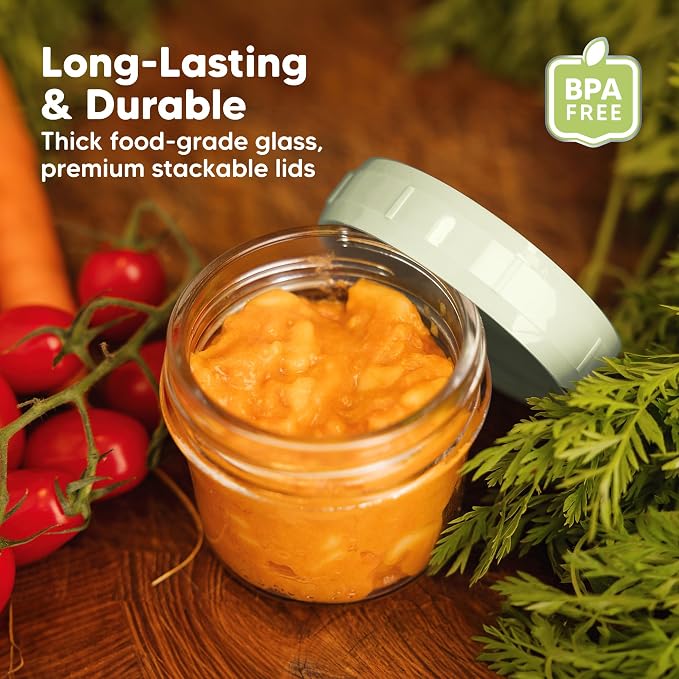 KeaBabies 12pk 4oz Glass Baby Food Containers with Lids, Leak-Proof (Sage) | Microwavable Small Glass Jars, Baby Purees, Toddler Snack Storage Containers, BPA-Free, Dishwasher-safe, Freezer Safe