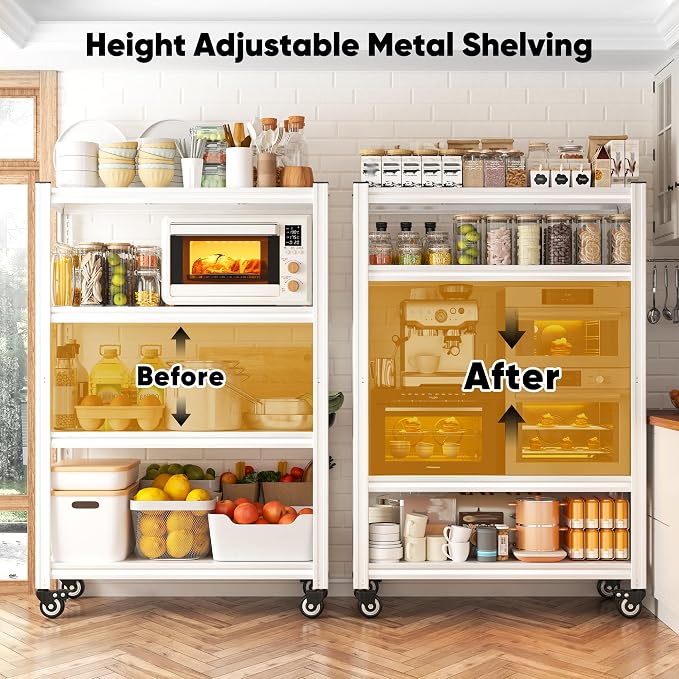 REIBII Adjustable Rolling Storage Shelve for Kitchen Pantry Closet Boutique | 2080 LBS capacity,59.8" H x 31.5" W x 16.5" D,4 Tier,White,Solid metal panels,360°wheels with lock,Boltless 10min assembly