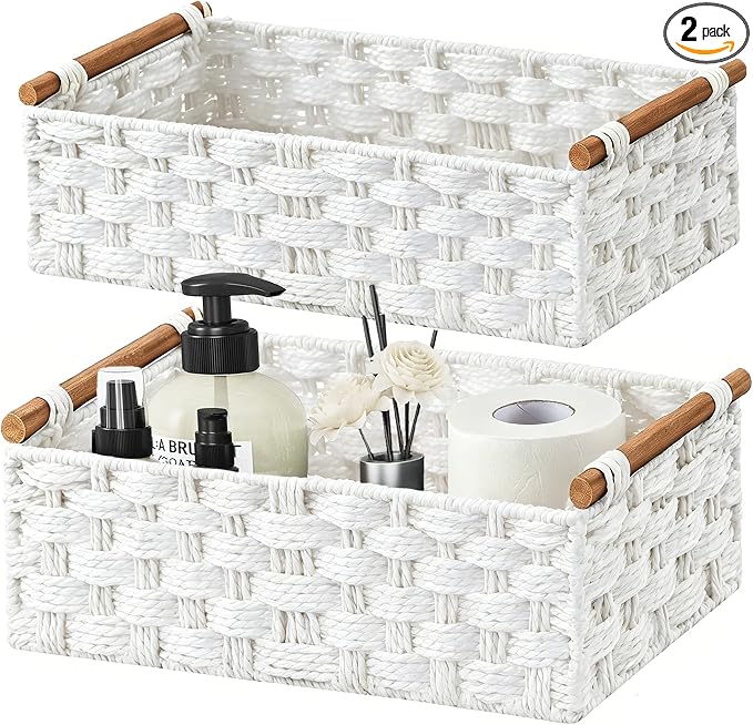 Vagusicc Wicker Storage Basket, Set of 2 Hand-Woven Paper Rope Wicker Basket for Organizing with Handle Decorative Storage Bins for Counter Pantry Shelves Toilet Paper Basket for Toilet Tank Top,White