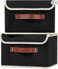 2PCS Storage Boxes with Lid Cotton Linen Fabric Storage Bins Organizer Container Decorative Collapsible Washable Shelf Closet Baskets Faux Leather Handles Home Bedroom (Black, Small Size)