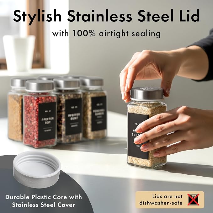 EDELHAUS Glass Spice Jars with Label, 24x Stainless Steel Lids | Airtight Lids keep spices fresh, Kitchen Spice Drawer Organizer, 4oz Seasoning Containers incl. Funnel, Brush & 240 Labels