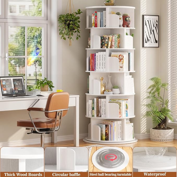 Aheaplus 6 Tier Rotating Bookshelf, Wood Spinning Bookshelf Tower, Round Revolving 360 Bookcase, Narrow Turning Book Shelf Rolling Corner Organizer for Small Space, Bedroom, Office, White