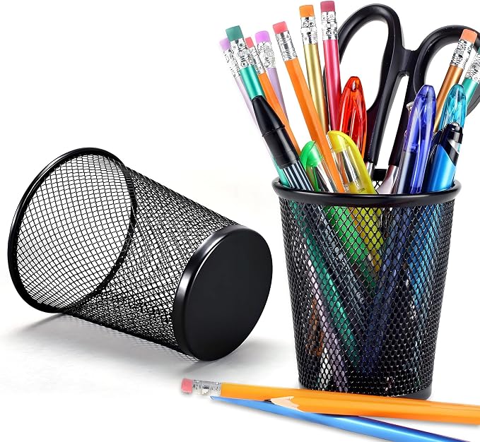 AIMI Pencil Case 2pcs Large Capacity Container Metal Mesh Pen Cup Office School Home Desk Pen Storage Organizer Can Makeup Holder Round Black