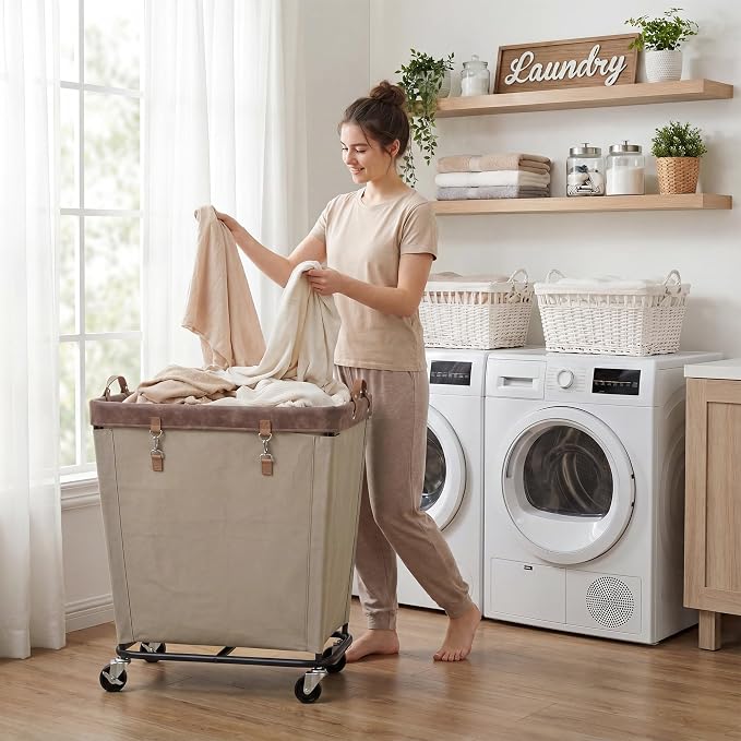 StorageWorks Laundry Basket with Wheels for Clothes, 210L Tan Hamper Cart
