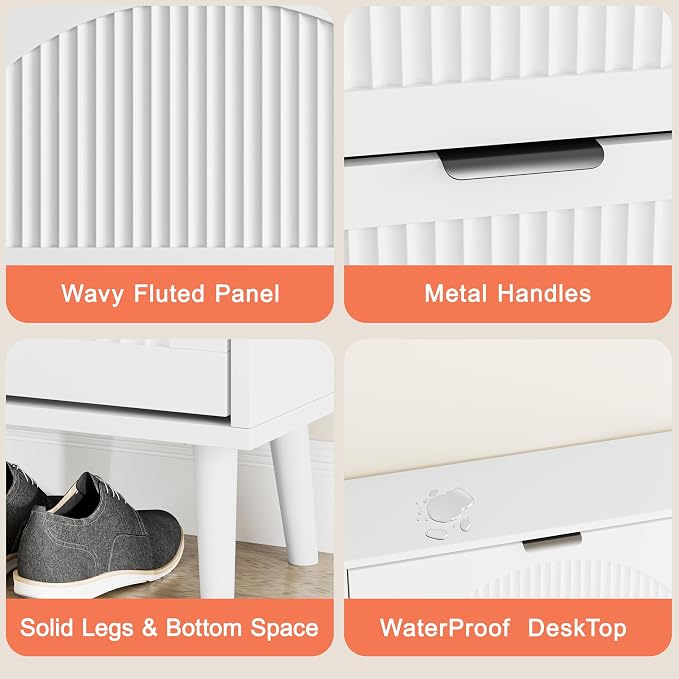 Shoe Storage Cabinet with 2 Flip Drawers, Narrow Wood Shoe Organizer Cabinet, Slim Freestanding Fluted Shoe Cabinet for Entryway, Living Room, Hallway (White, 4-Drawers)