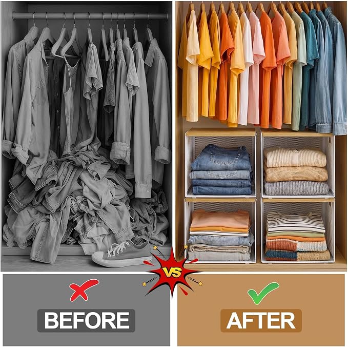 AceOrbit 3 Pcs Widened Stackable Closet Organizer and Storage with Wood Top Foldable Metal Cube Closet Shelf DIY Space Saving Linen Clothes Shoe Bed Sheet Bin Wardrobe Bedroom ( 15.6"x12"x8.7", Dark)