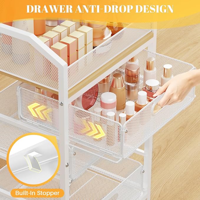 SUNALLY Rolling Makeup Cart Organizer with Drawers, 5-Tier Beauty Vanity Storage Cart for Skincare, Cosmetics, Nail Supplies and Bathroom Essentials, White