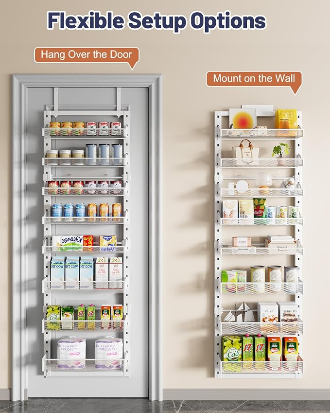 8 Tier Pantry Door Organizer, 2 IN 1 Over the Door Pantry Organizer with Metal Adjustable Baskets,Spice Rack Wall Mount or Door Organizer, Door Spice Rack for Pantry
