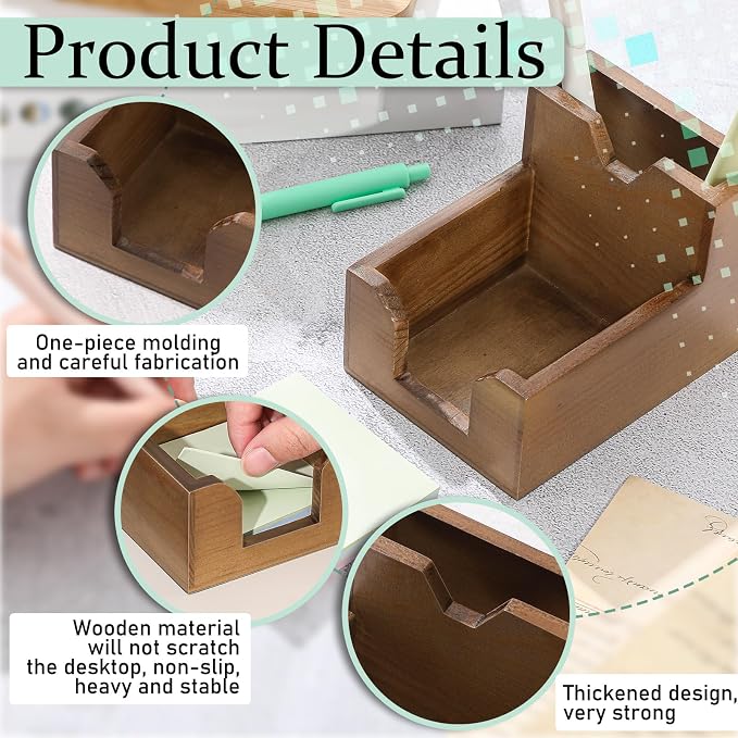 Crtiin 2 Pack Wood Sticky Note Holder, Walnut Color 2-in-1 Pen and Sticky Note Dispenser with 200 Sheets 3x3" Sticky-Notes, Elegant Desk Organizer for Office Home School Dorm Room