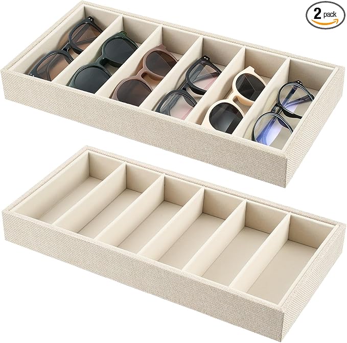 Juexica 2 Pcs Velvet Sunglasses Organizer Tray 6 Grid Sunglass Organizer Velvet Tray Stackable Glasses Display Case for Women Glasses Jewelry Display Watch (Linen)