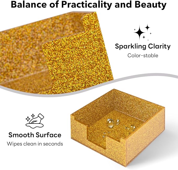Acrylic Sticky Note Holder 4x4in Tray for Desk, Gold Glitter | Sparkling glitter acrylic tray, fits 3x3 sticky notes, compact organizer for office school and home